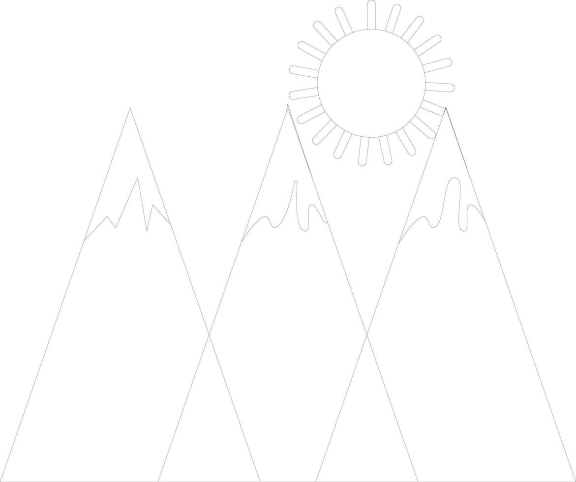 Black line art mountains with sun rays. vector