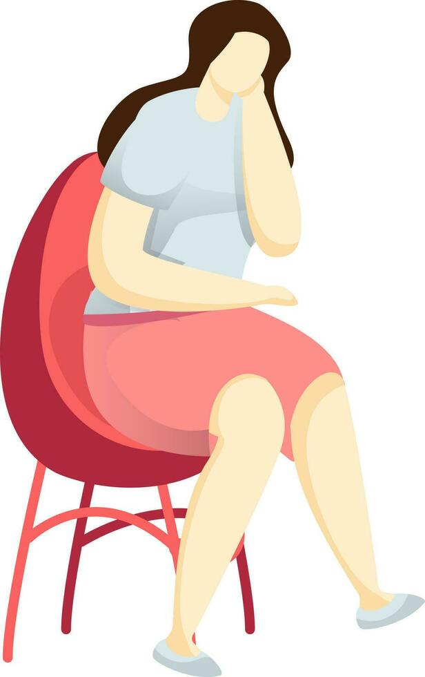 Faceless woman character sitting on chair in sad and thinking pose. vector