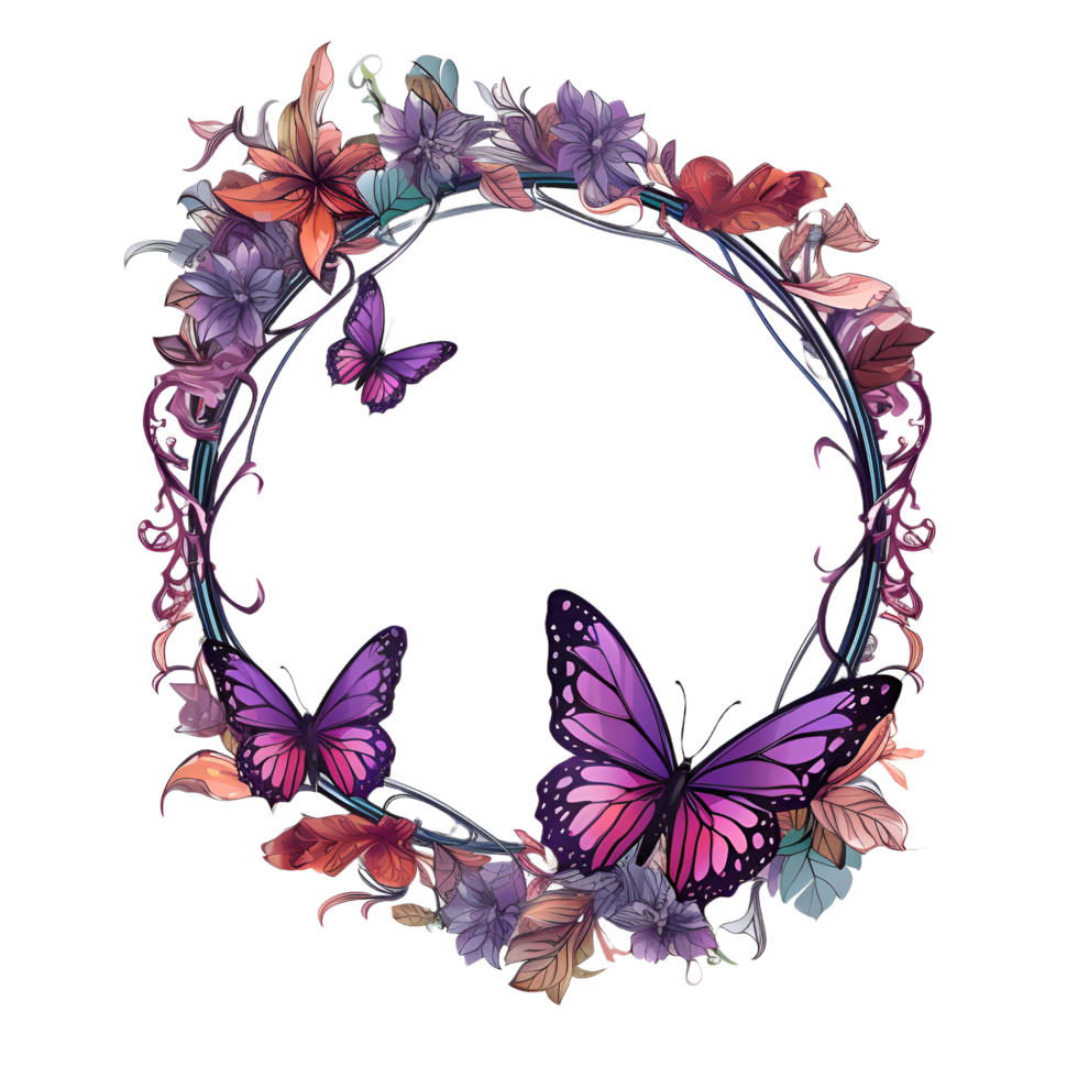 floral borboleta círculo quadro, Armação fronteira aguarela clipart ai gerado png