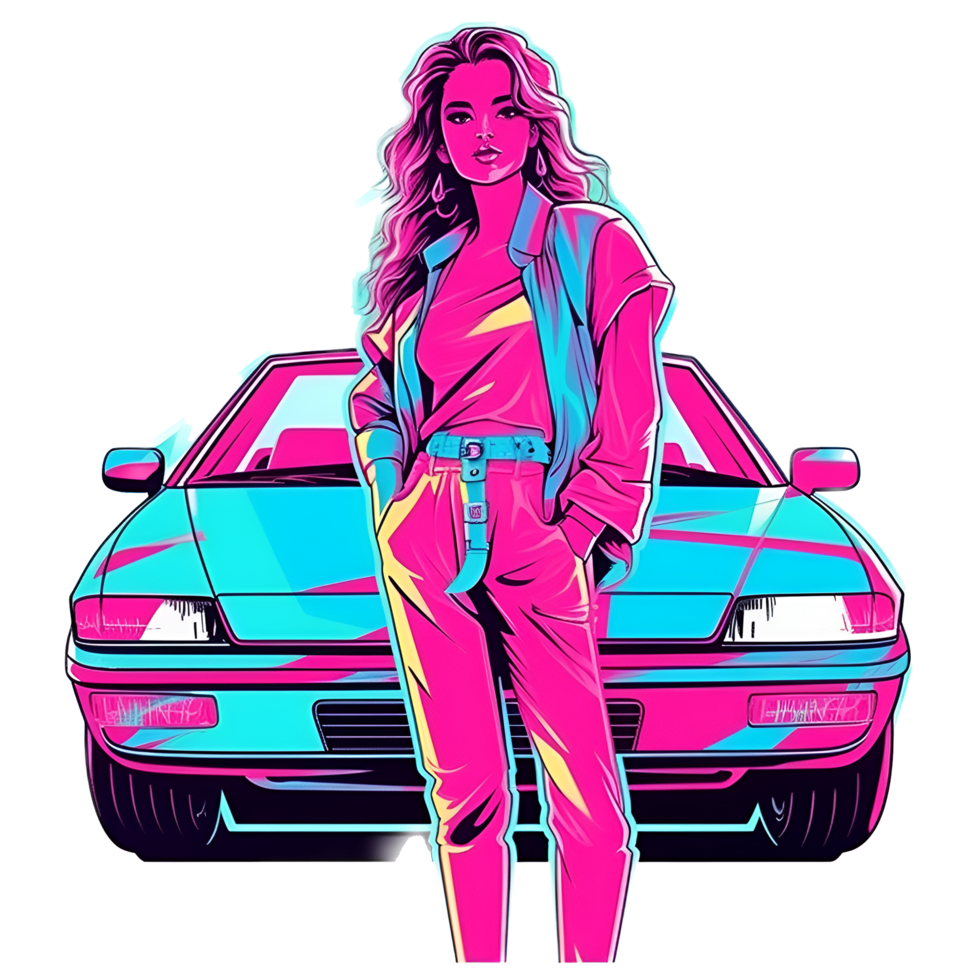 mujer con coche retrowave Años 80 clipart ai generado png