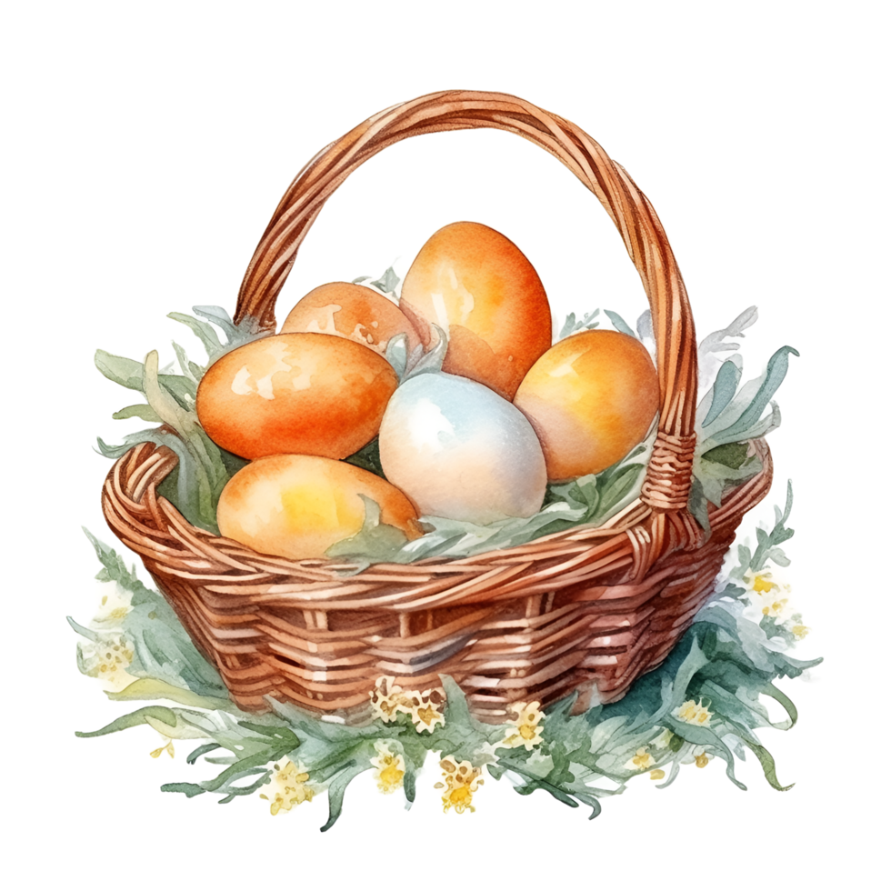 Basket of Chicken Eggs Watercolor Clipart AI Generated 24282434 PNG