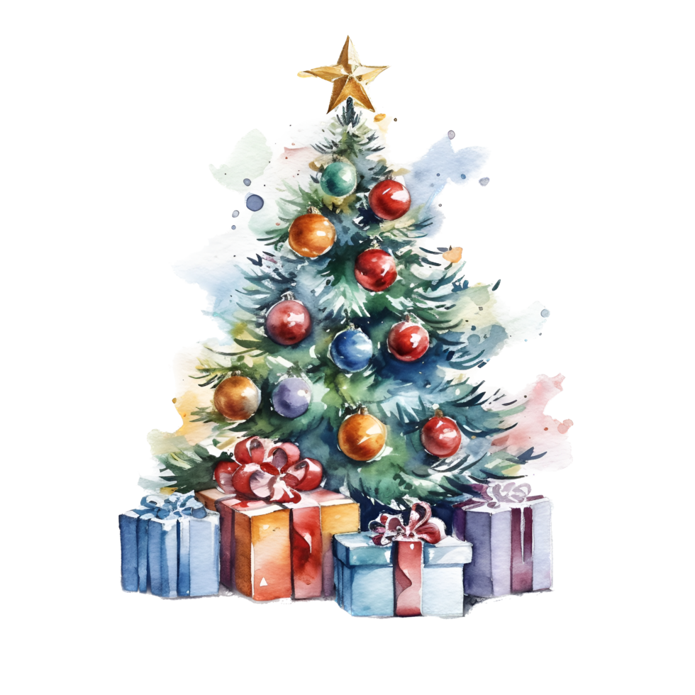 Noël arbre avec présente aquarelle clipart ai généré png