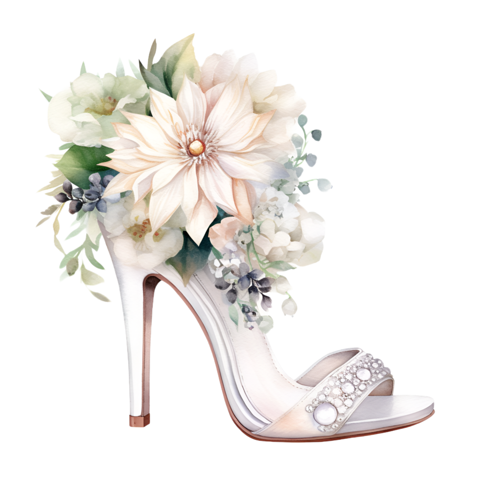 White Wedding Shoe Heels Flowers Watercolor Clipart png