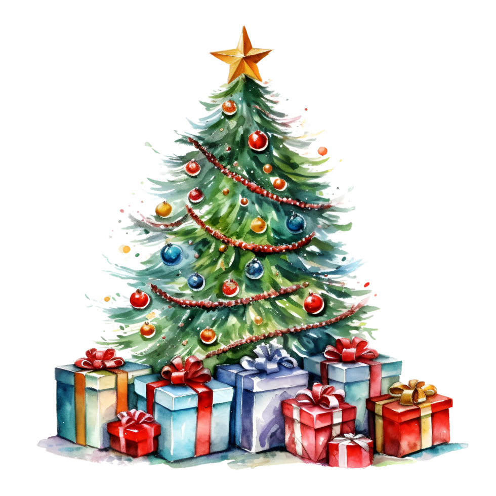 Kerstmis boom met presenteert waterverf clip art ai gegenereerd png