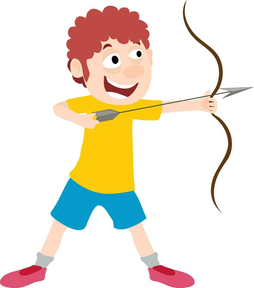Little boy taking aim with bow and arrow. vector