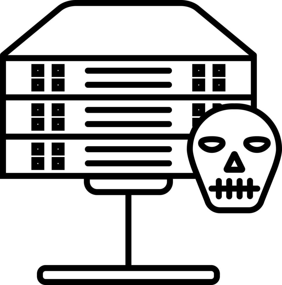 Skull symbol on server in black line art. vector
