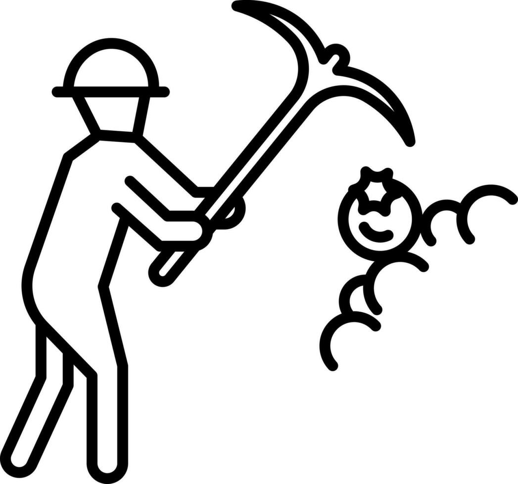 Construction worker holding pickaxe. Line art icon. vector