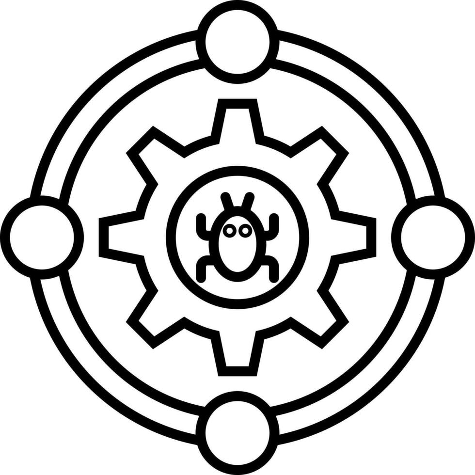 Bug symbol on setting cog in black line art. vector