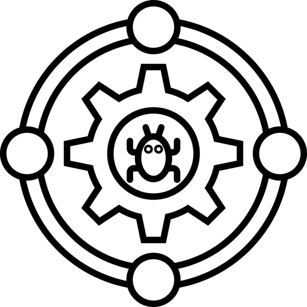 Bug symbol on setting cog in black line art. vector