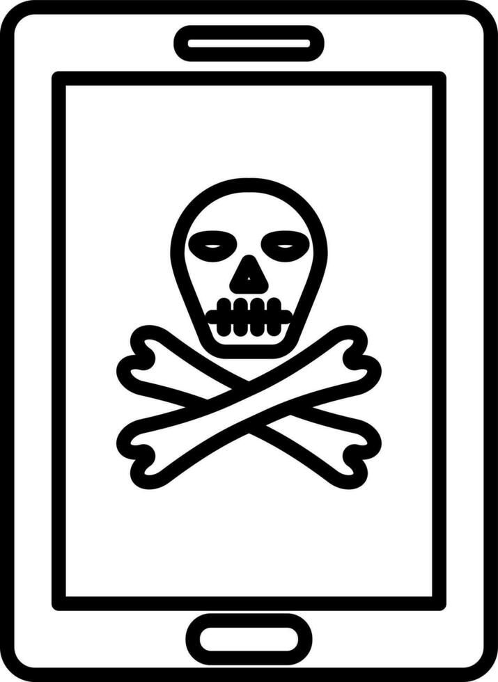 Skull with crossbones on smartphone screen in black line art. vector