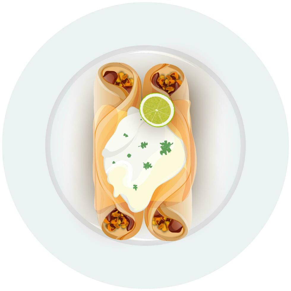 Mexican Beef Taquitos with cream lemon slice in plate. vector