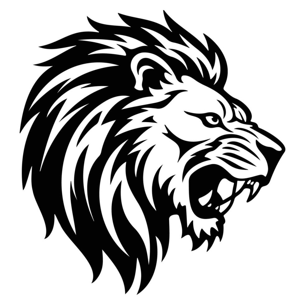 feroz león, enojado león cara lado, león mascota logo, león negro y blanco animal símbolo diseño. vector