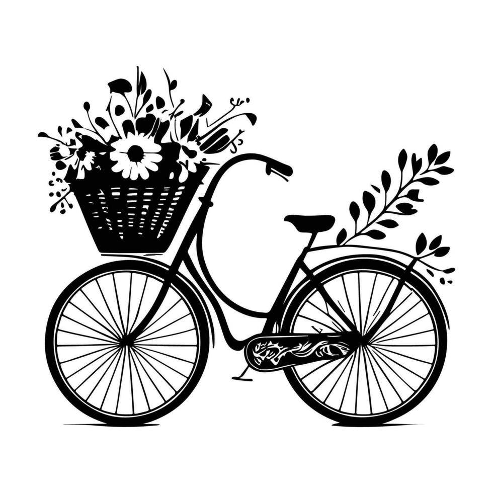 Romantic bike with spring flowers. Retro bike carrying basket, with flowers and plants. vector