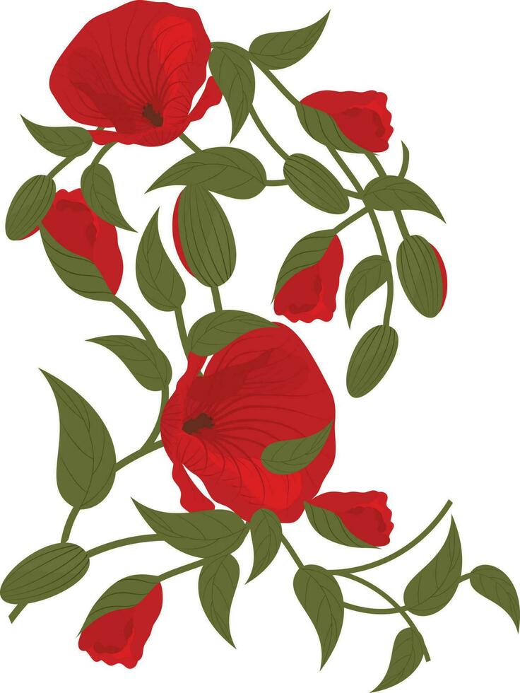 Illustration of red flowers and green leafs. vector