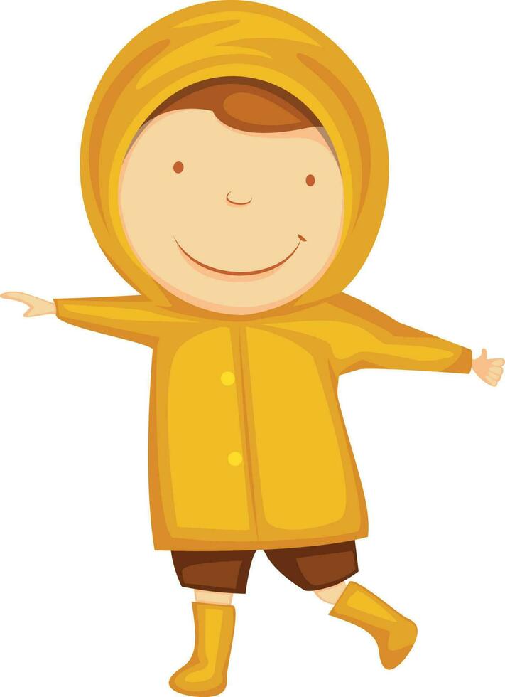 Cute character of boy in yellow raincoat. vector