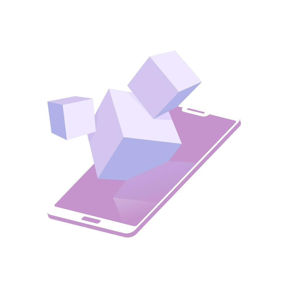 Top view illustration of 3d cube on smartphone. vector