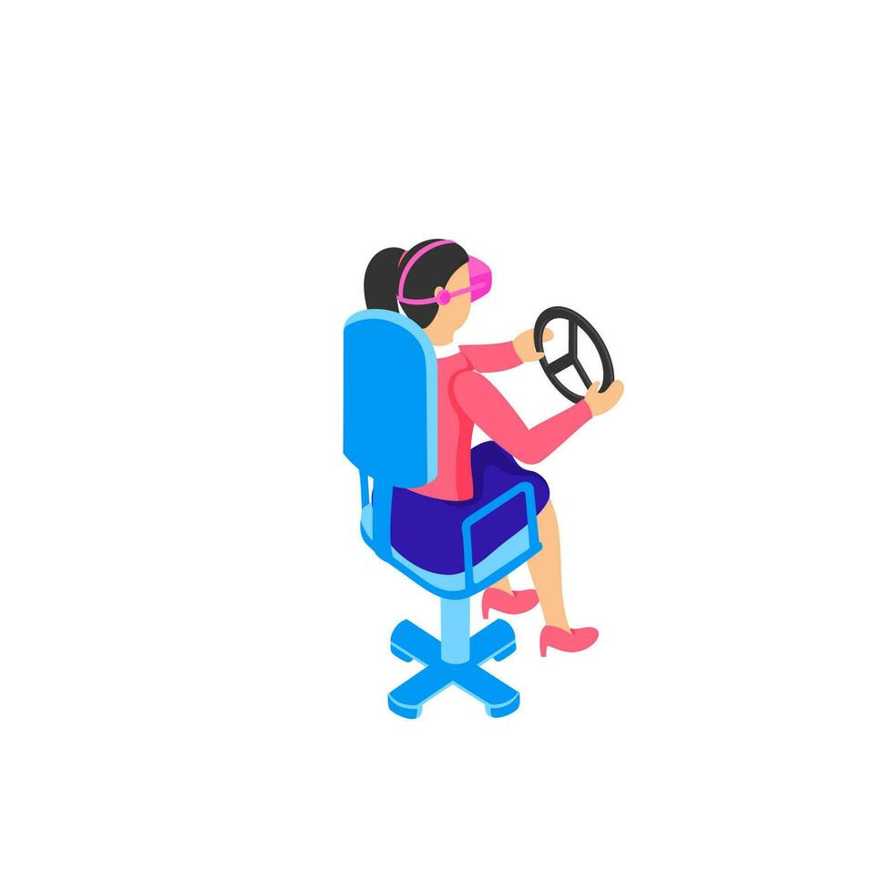 Girl character sitting on chair and holding game controller. vector