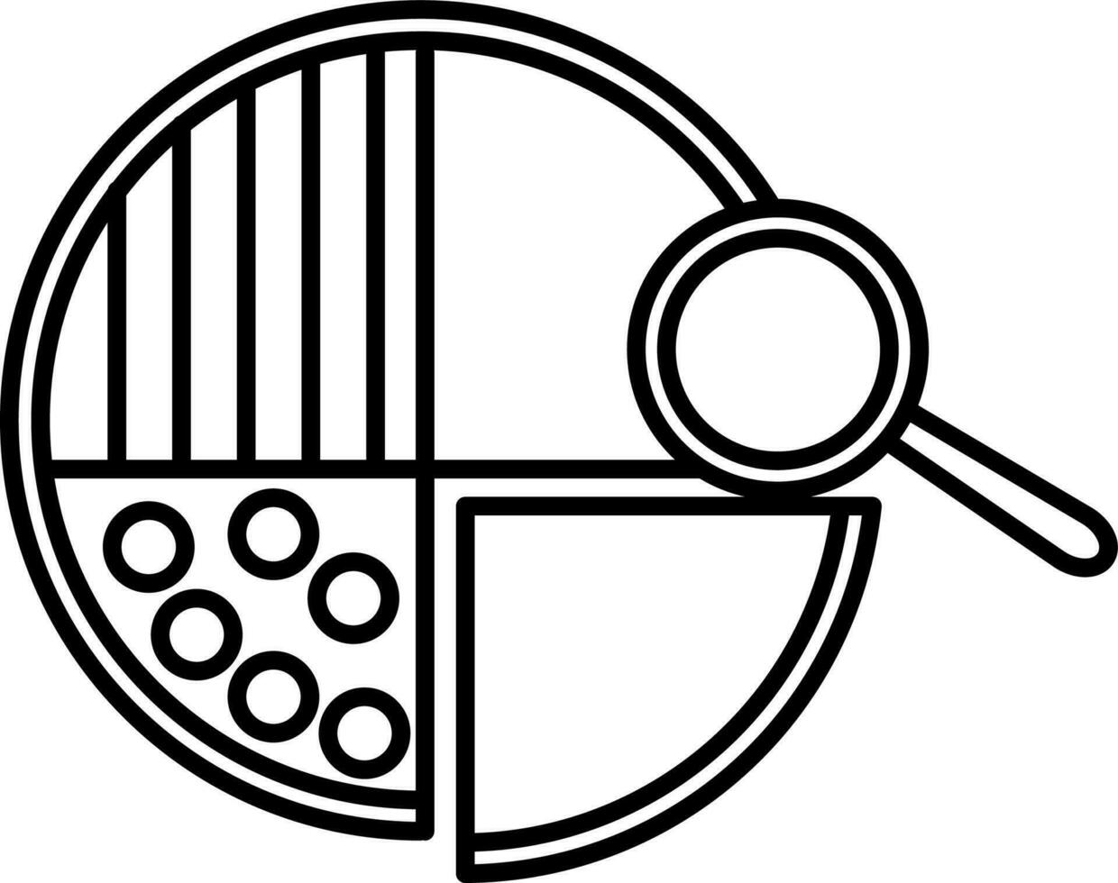 Black line art pie chart statistic with magnify glass. vector