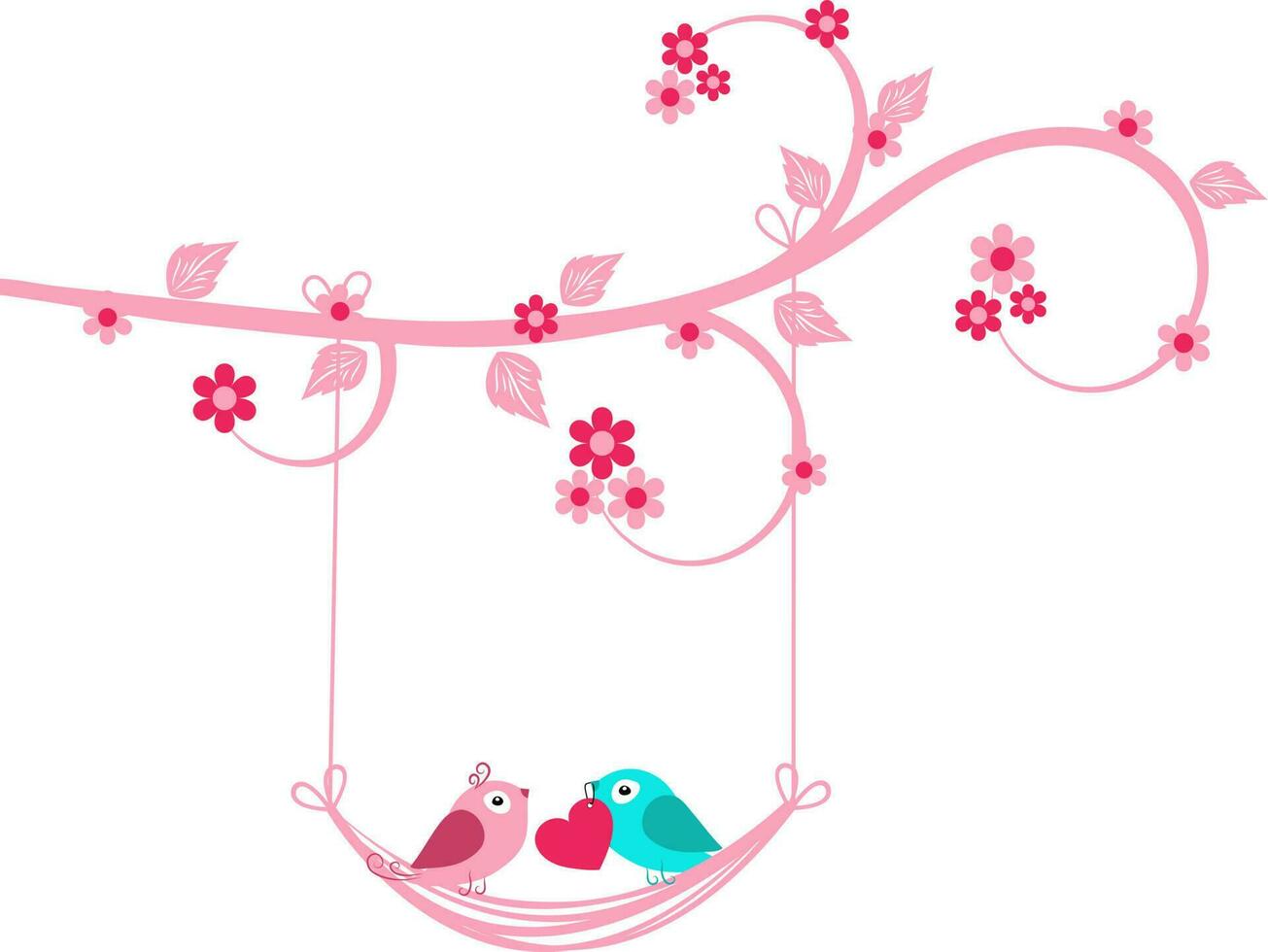 Pink tree branch with Love Birds on swing. vector