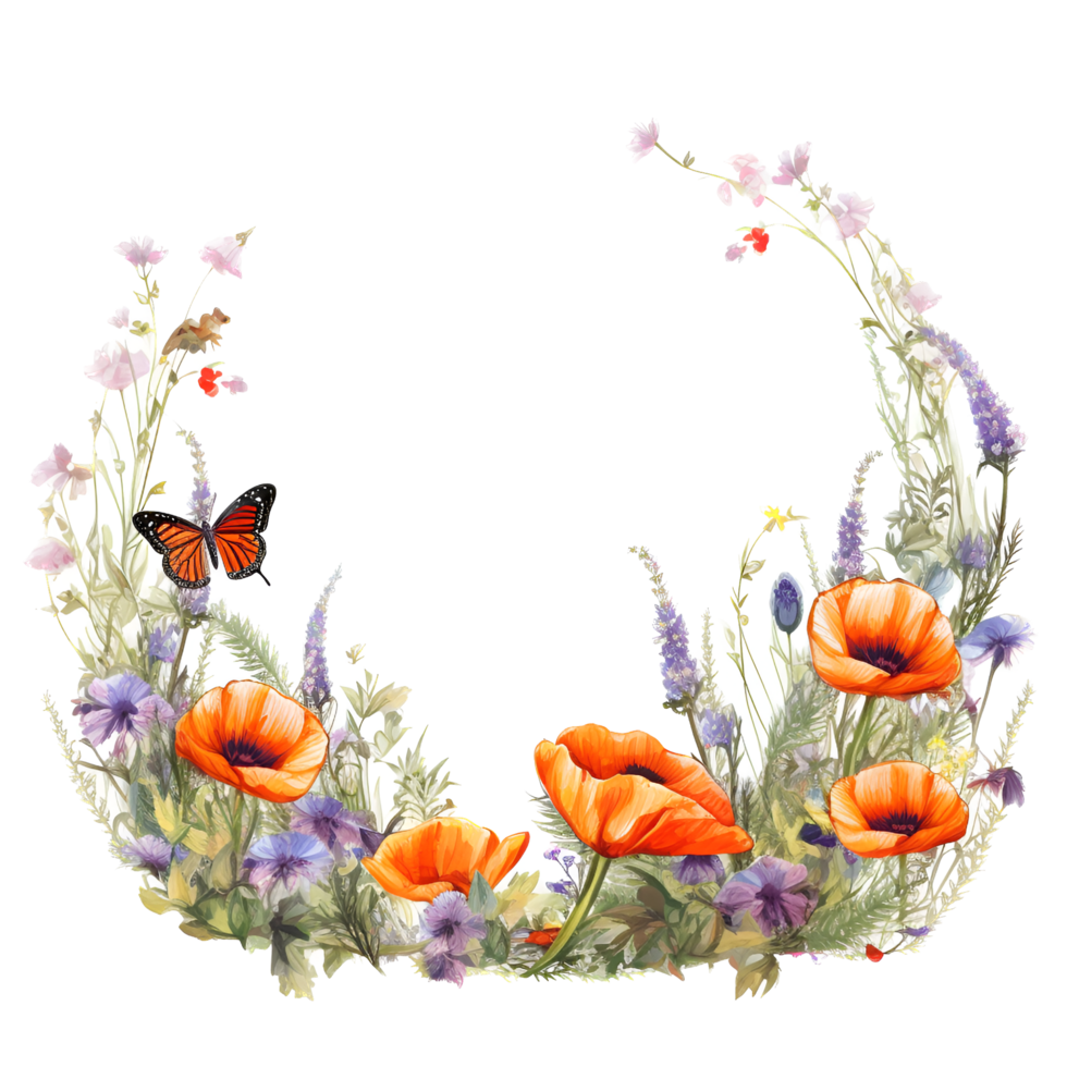 floral mariposa circulo marco frontera acuarela clipart ai generado png