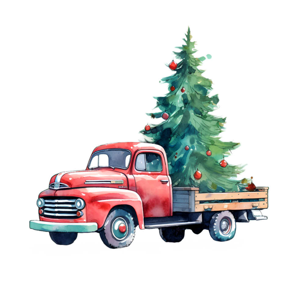 rood vrachtauto bomen winter waterverf clip art ai gegenereerd png