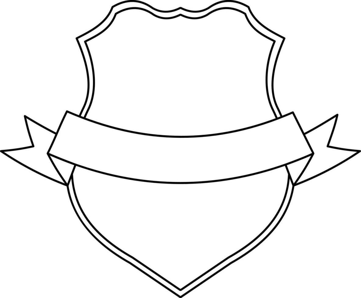 Flat style ribbon decorated shield in black line art. vector