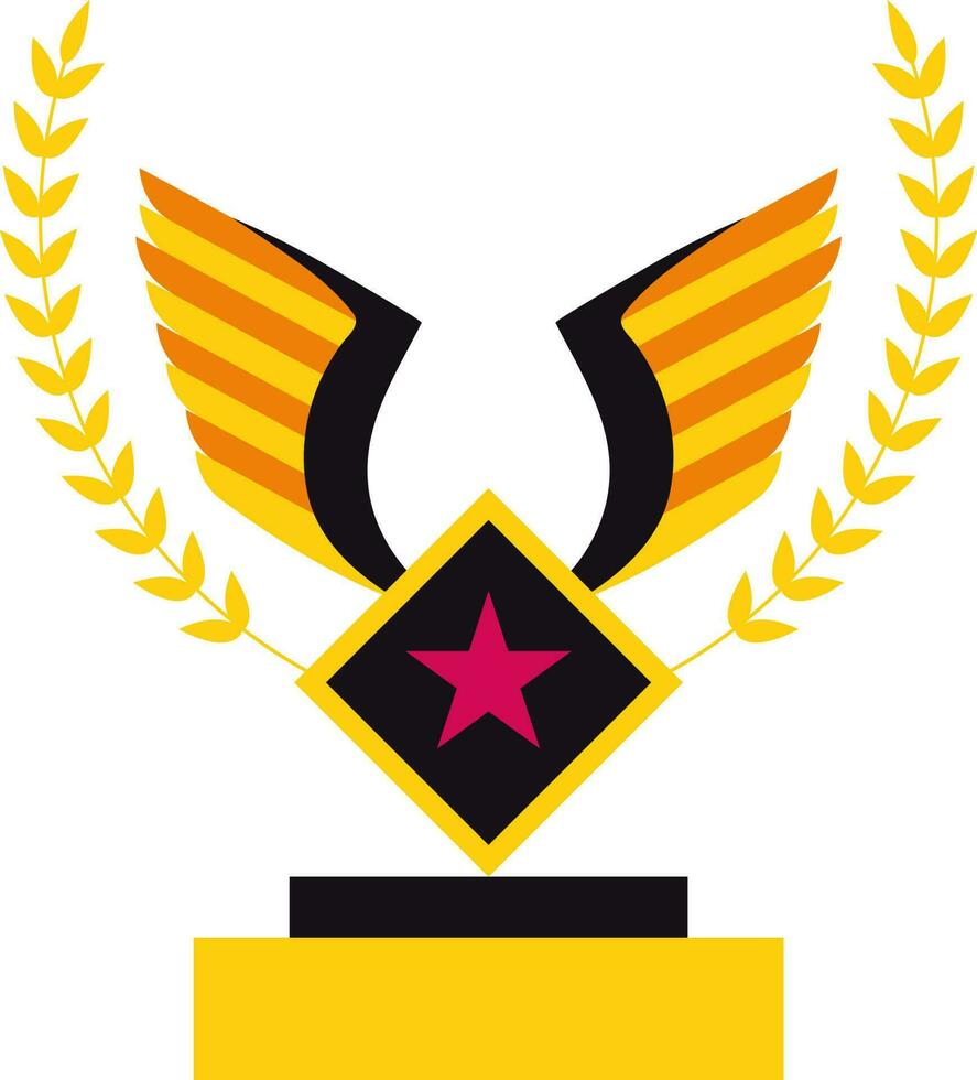 Yellow laurel wreath decorated black wings trophy award. vector