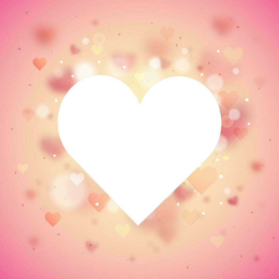 White heart shape frame on shiny pink bokeh effect background. vector