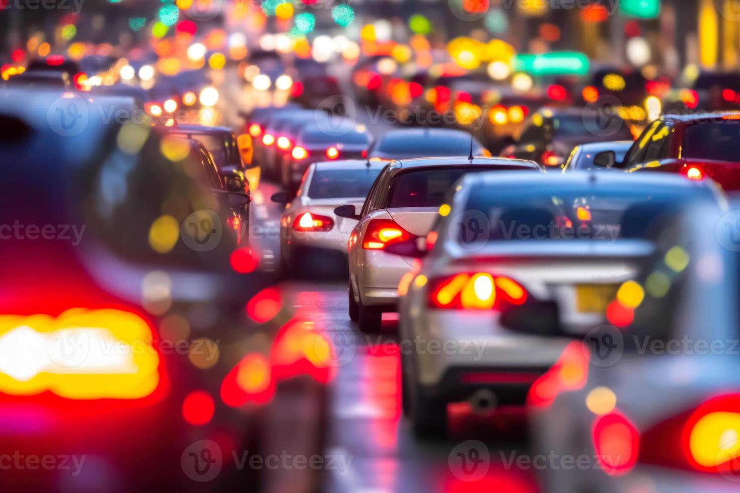 car traffic jam in the evening lights photo