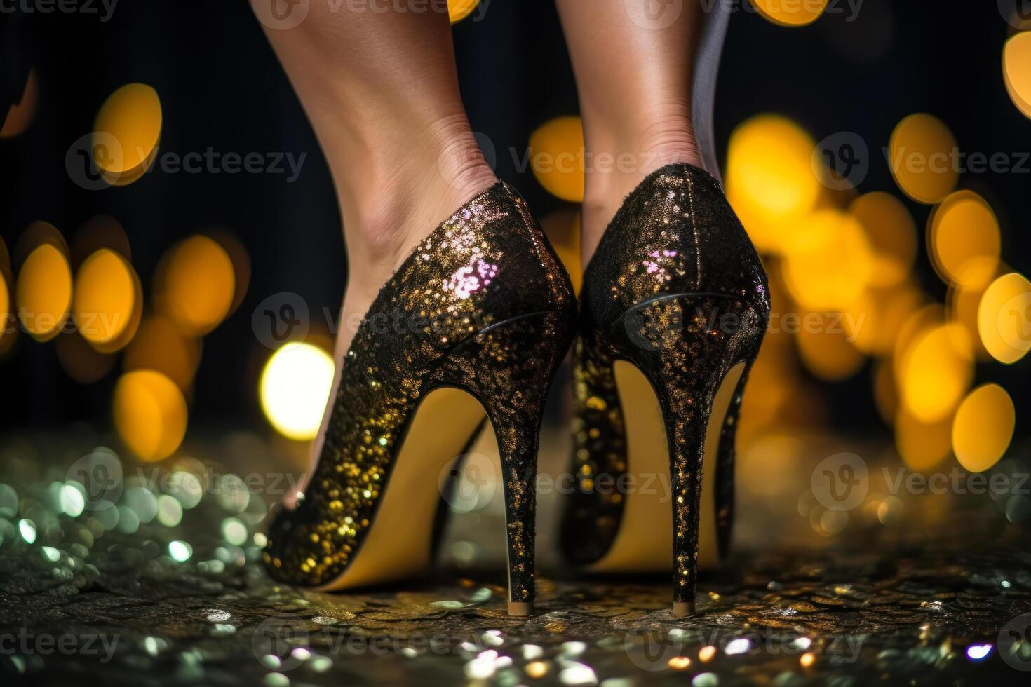 beautiful female legs in evening shoes with bokeh lights in the background photo