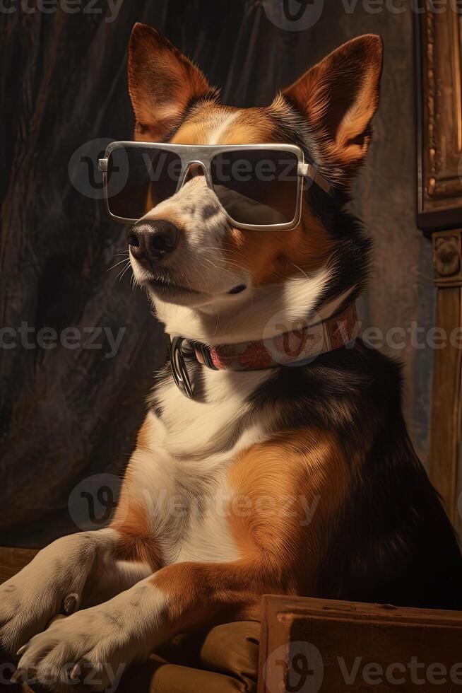 estudio retrato de linda antropomórfico perro vistiendo plata Gafas de sol y sentado a marrón Clásico habitación. generativo ai. foto