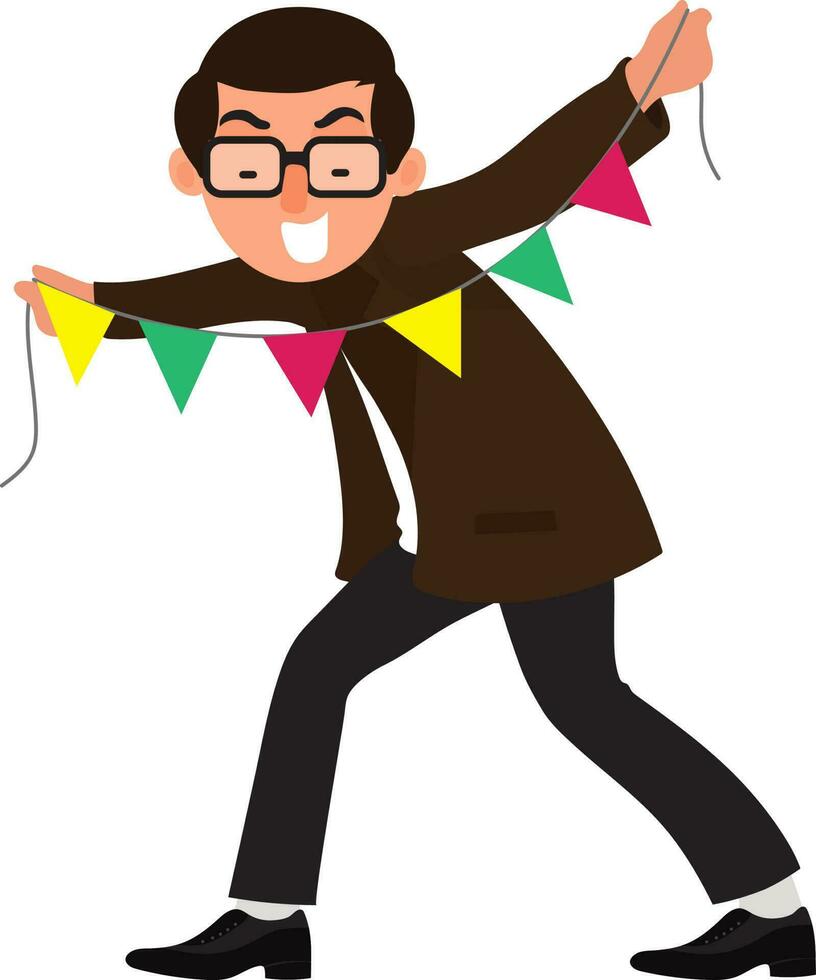 Cheerful businessman holding colorful buntings. vector