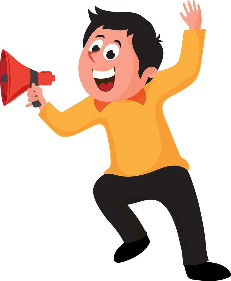 Happy young man holding megaphone. vector