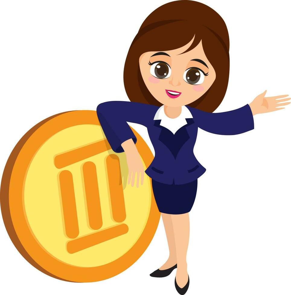 Business woman character with coin. vector