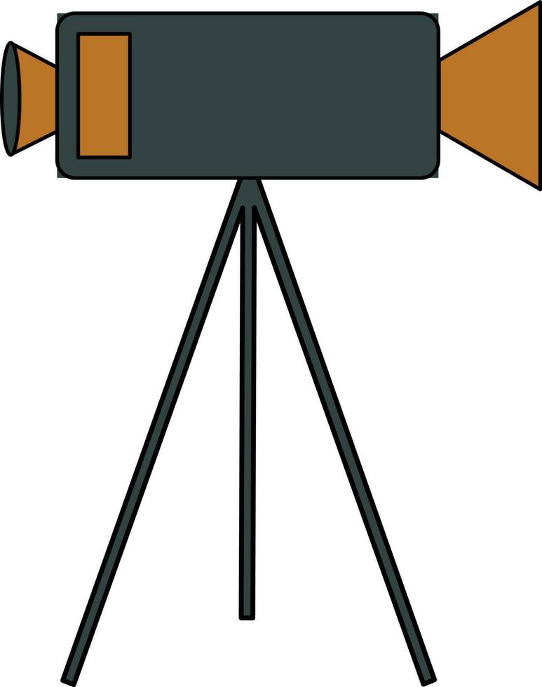 Black and brown video camera on tripod. vector