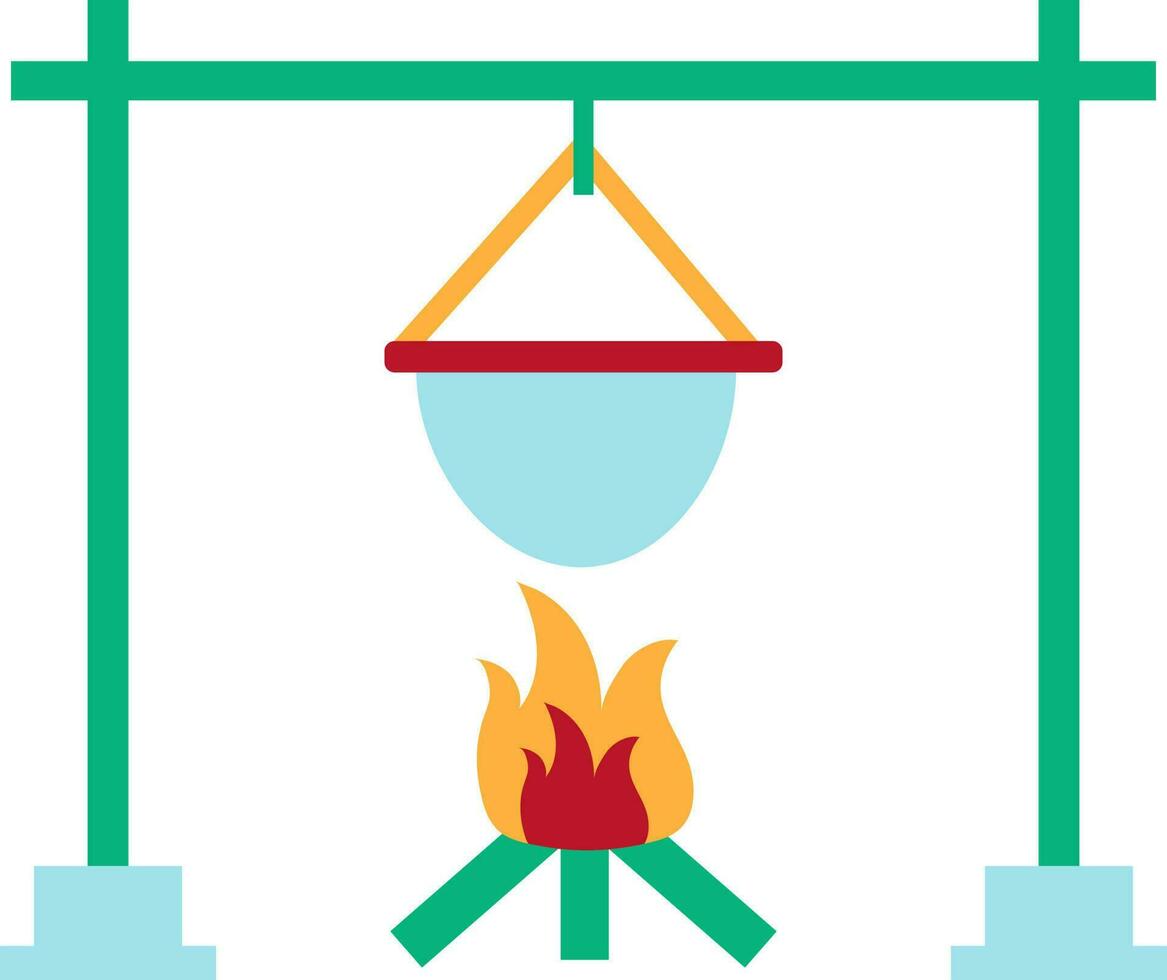 Hot cooking pot on wooden fire for camping concept. vector