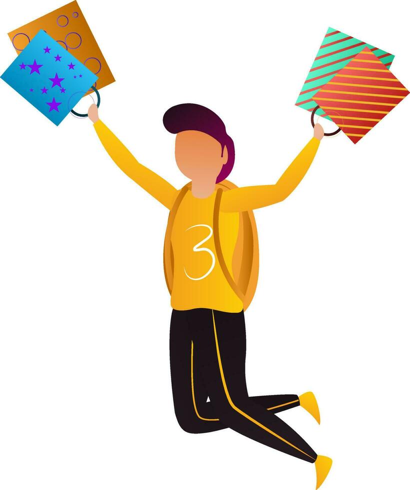 Faceless boy holding shopping bag in jumping pose. vector