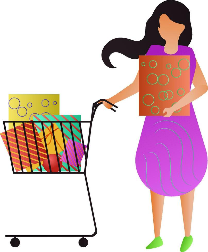 Faceless girl holding shopping trolley full of gift boxes. vector