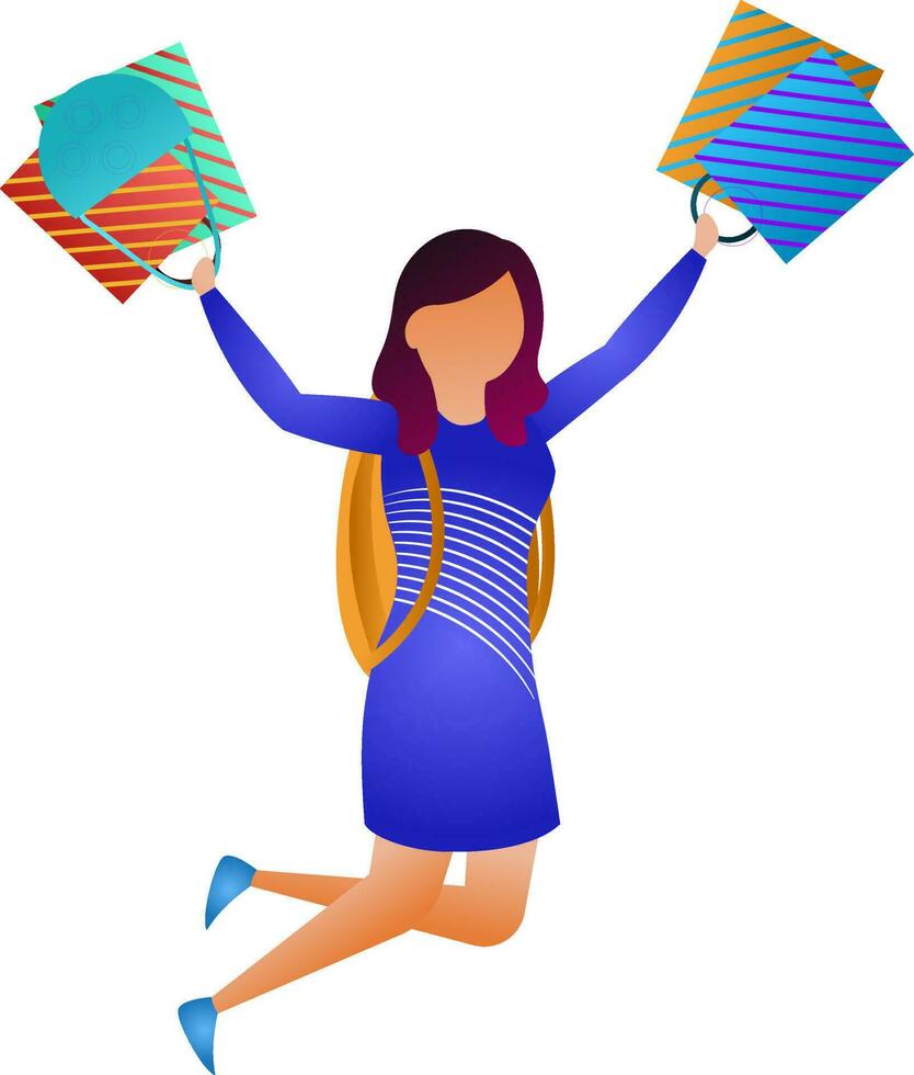 Young girl character holding shopping bag in jumping pose. vector