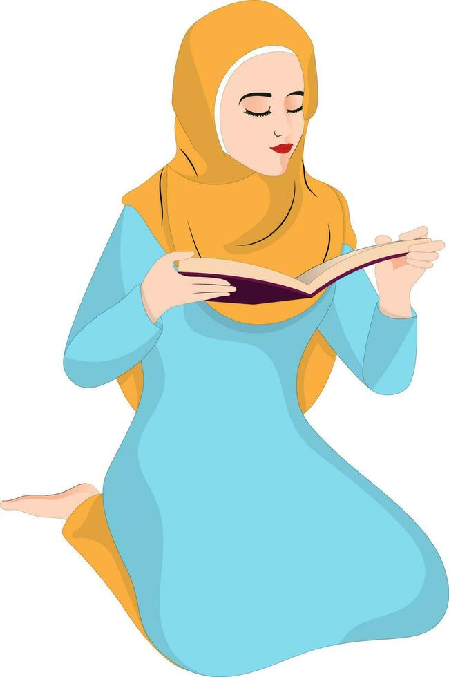 Character of muslim woman reading book in sitting pose. vector