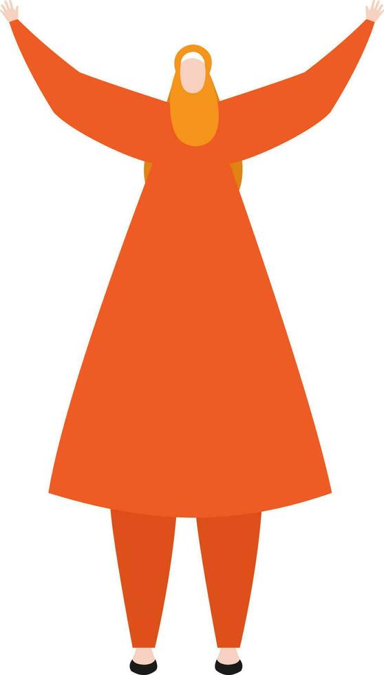 Character of a beautiful muslim faceless woman wearing Hijab in standing position and her hands is up. vector