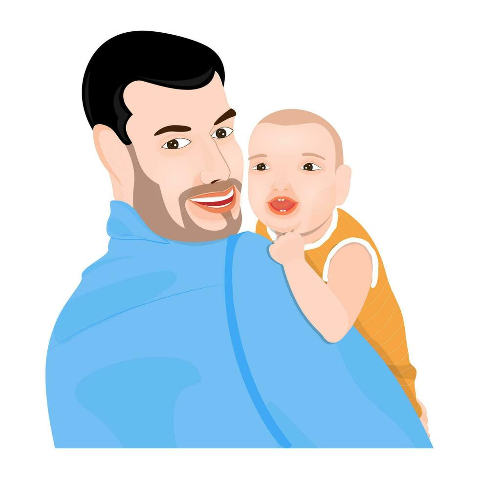 Happy father holding his cute baby in his lap on white background. vector