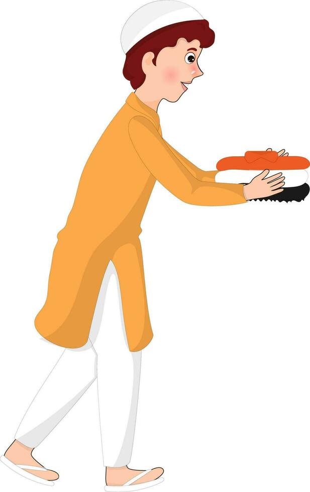 Character of muslim boy holding clothes in walking pose. vector
