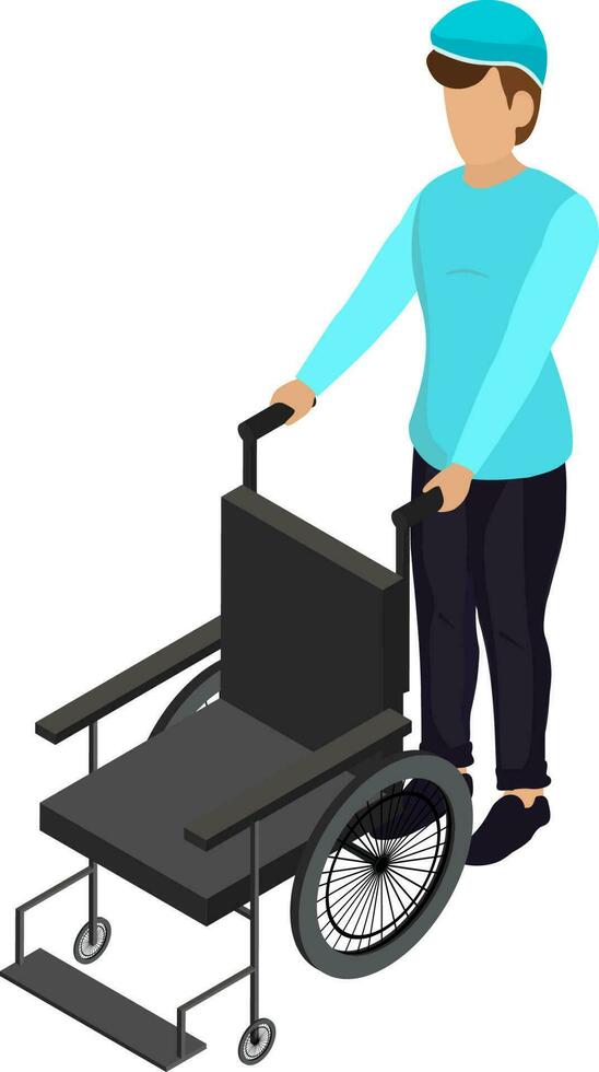 Isometric character of ward boy with wheelchair for casualty or handicapped attendant service concept vector