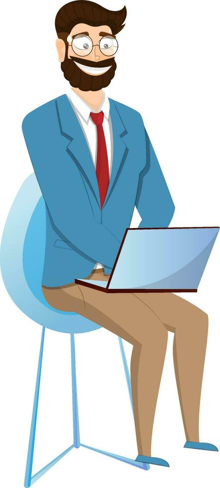 Young cheerful businessman character sitting on chair and doing work in laptop. vector
