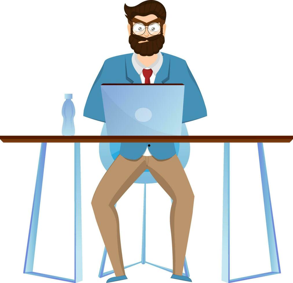 Young cheerful businessman character sitting on chair and doing work in laptop. vector