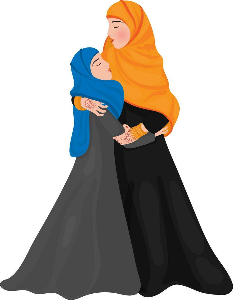 Beautiful muslim mother hugging her daughter and wearing Islamic traditional cloth. vector