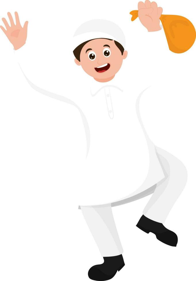 Cartoon character of cute happy boy holding a bag and in dancing pose. vector