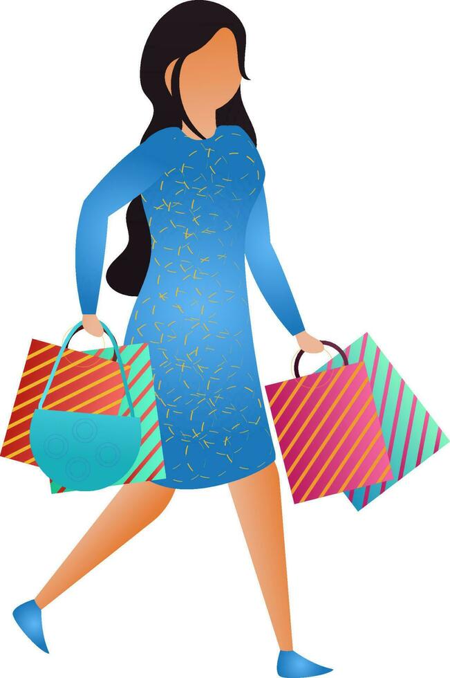 Young girl holding shopping bags in walking pose. vector