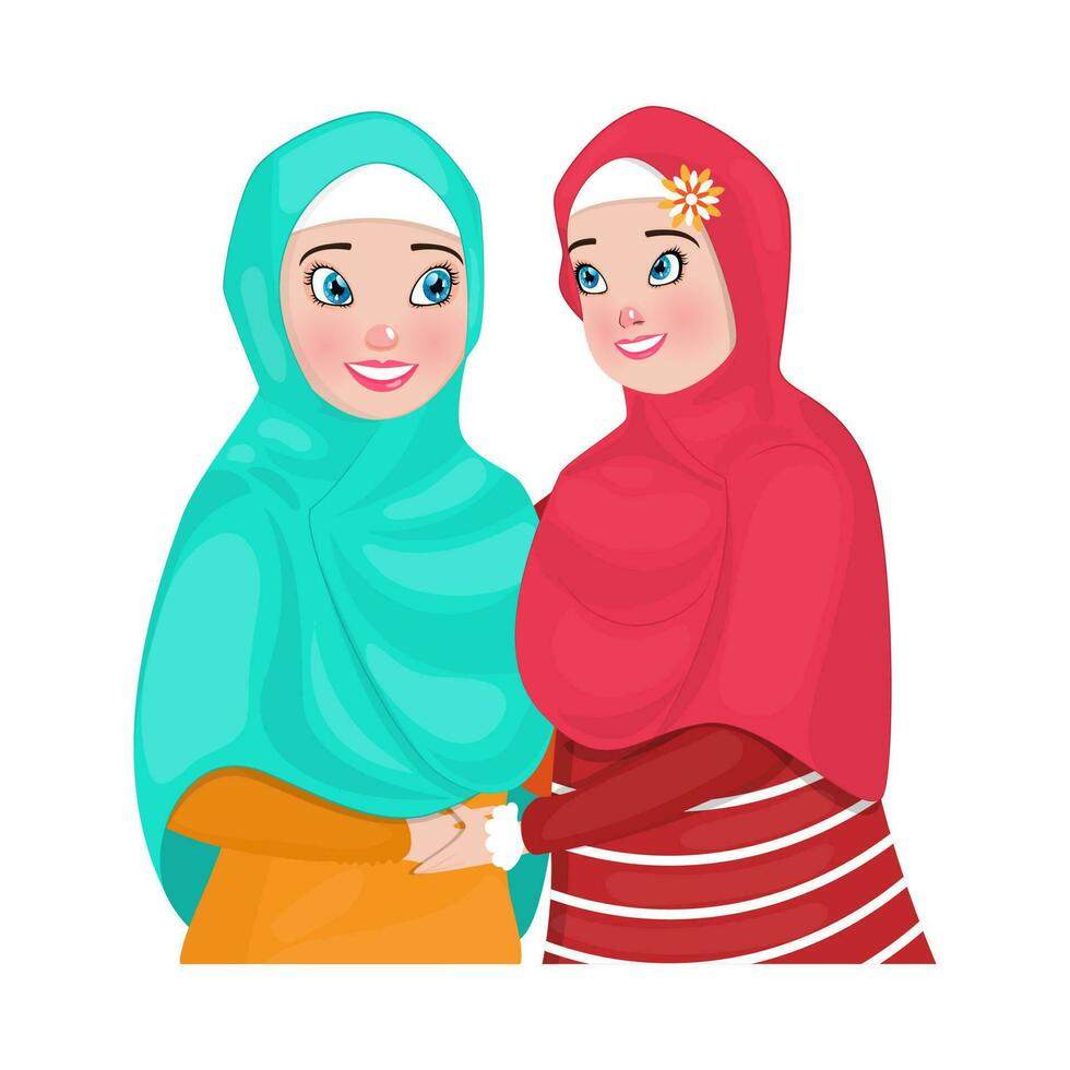 Character of a cheerful Islamic women hugging each other. vector